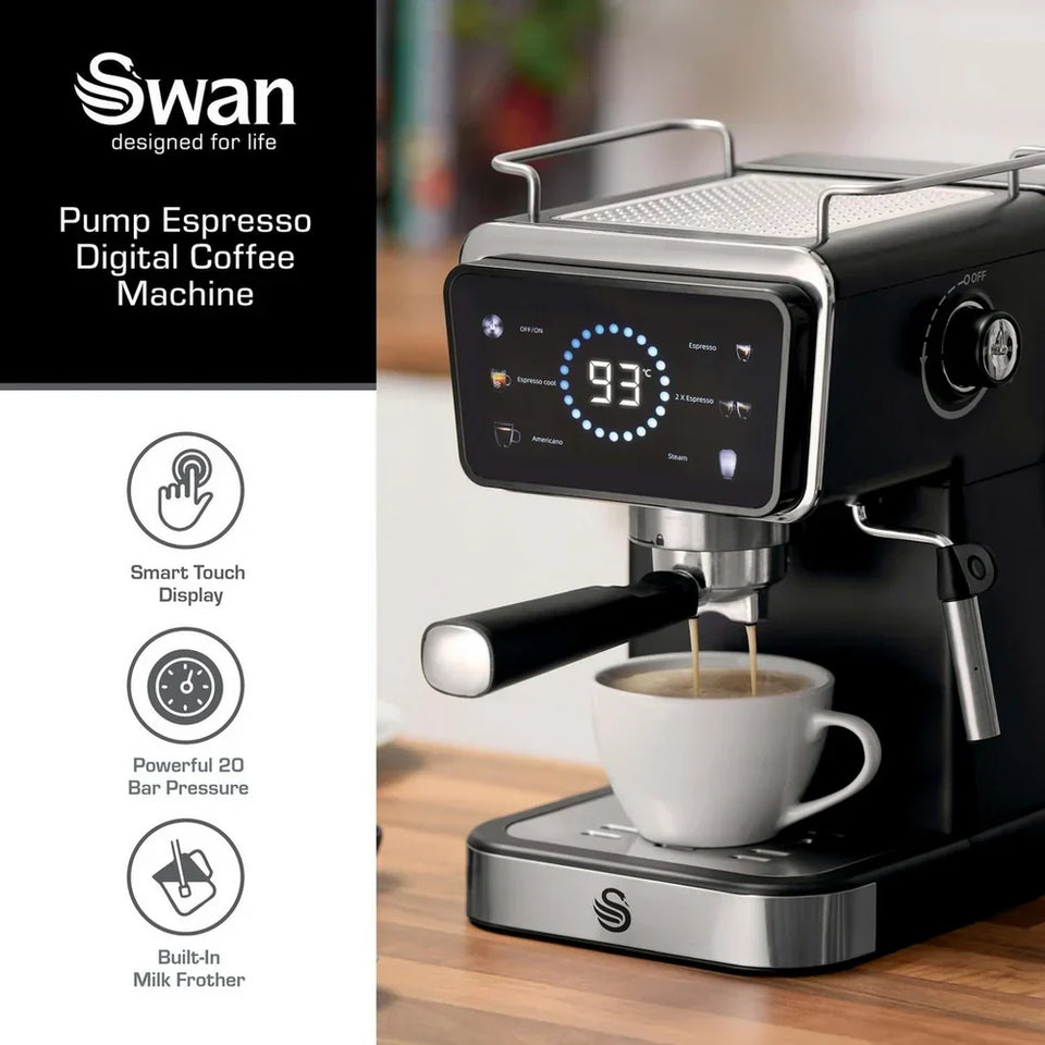 Swan SK22113BLK Espresso Digital Coffee Machine with Built-in Milk Frother - Black