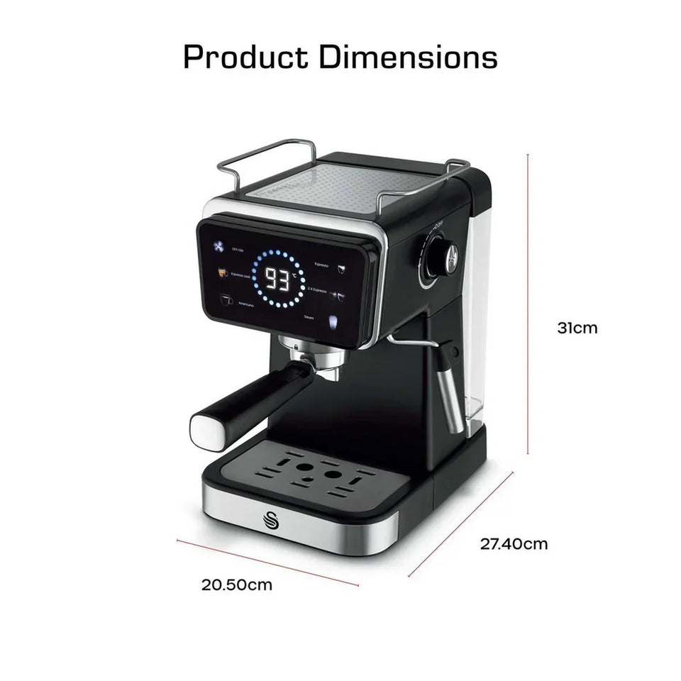 Swan SK22113BLK Espresso Digital Coffee Machine with Built-in Milk Frother - Black